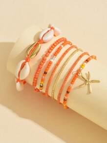 7pcs/Set Women Beach Vacation Seashell Starfish & Rice Bead Bracelets Boho Style Bangles