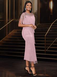 Women's Short Sleeve See-Through Gauze Patchwork Fringe Dress, Banquet, Host, Date, Birthday Spring Outfits For Women