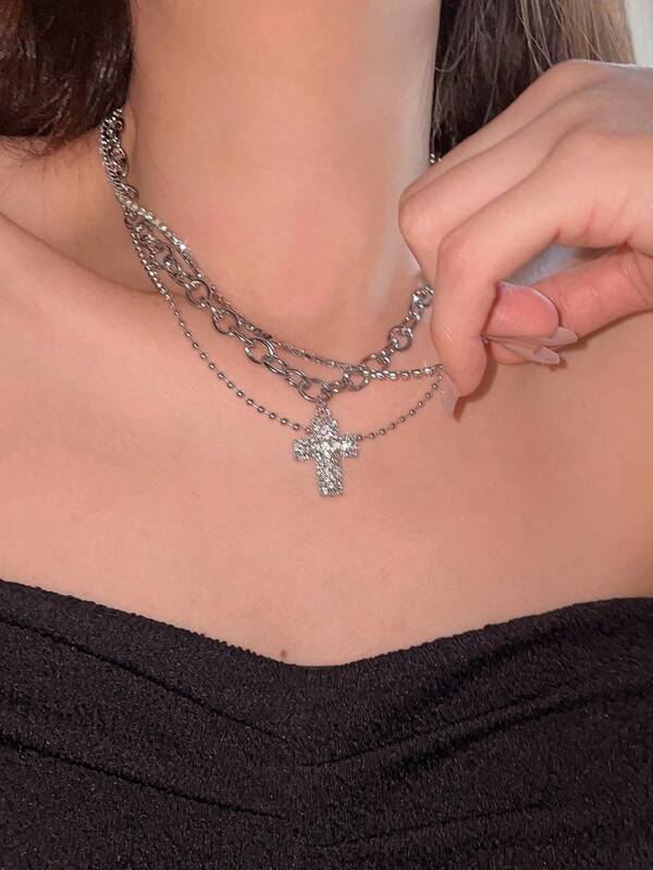 1pc Rhinestone Cross Charm Choker Multi-Layer Chain Cross Necklace Fashionable And Light Luxury Necklace Suitable For Women's Daily Wear