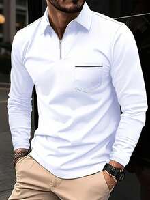 Men's Long-Sleeved Polo Shirt In A Solid Color, Casual And Comfortable, With A Chest Pocket And Zip Fastening, Suitable For Outdoor Wear In Spring And Autumn, Golf, Daily And Casual Wear. - White - View 2