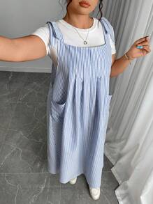 Plus Size Women Striped Dual Pocket Casual Loose Strap Dress Maxi Women Outfit