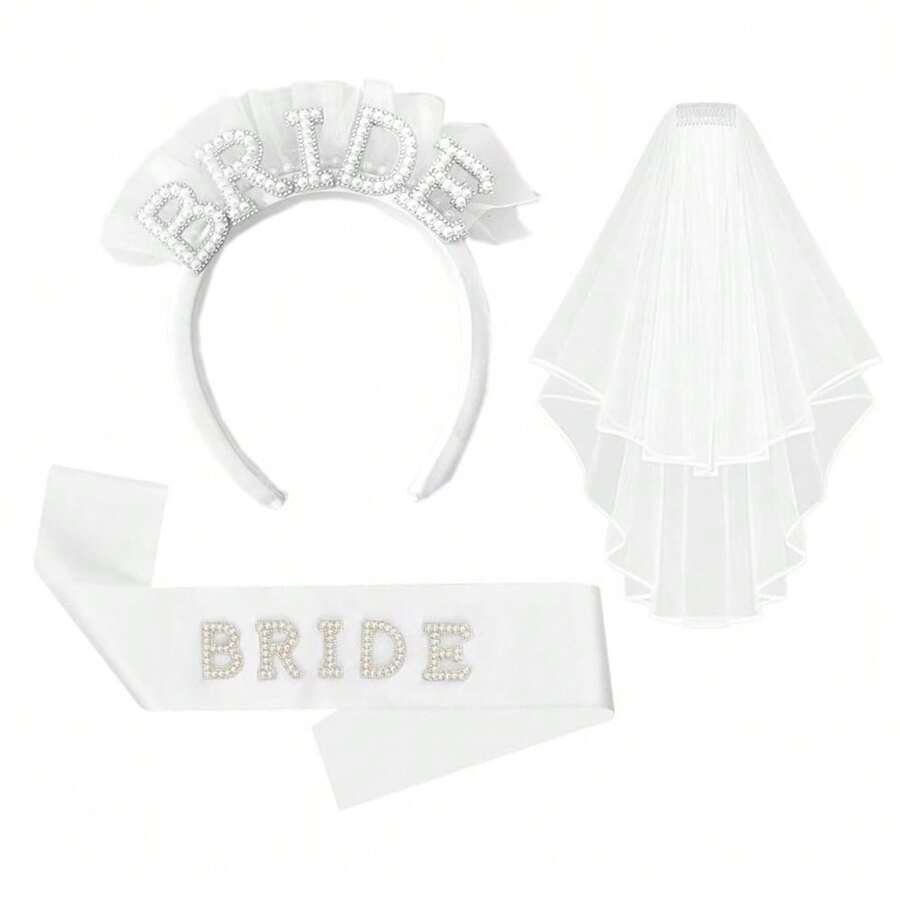 Bride To Be Sash Bridal White Veil And Headband For Wedding 3Pcs Bride Pearl Satin Sash Bachelorette Veil Party Decorations Bridal Shower Veil With Comb Engagement Gifts