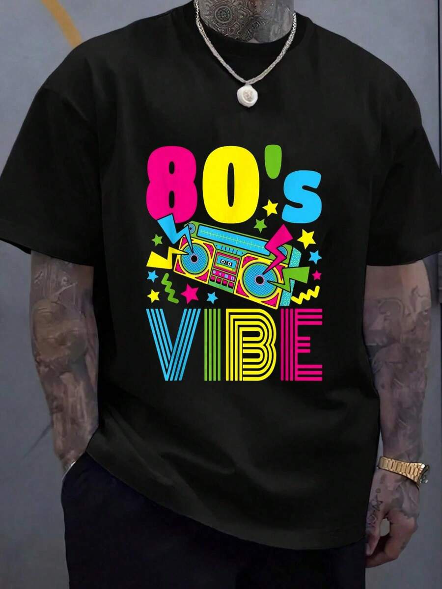 100% Cotton 80s Vibe 1980s Fashion 80s Theme Outfit Eighties 80s Costume T-Shirt Women's Men's Graphic Tee Causal Tops Fashion Tshirt Short Sleeve T-Shirt - 黑色 - 查看 1