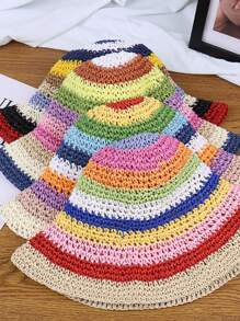 1 pièce Chapeau seau en paille rayé bicolore pour femmes, adapté pour le port quotidien, les sorties d'été et les vacances pour la protection solaire Boho