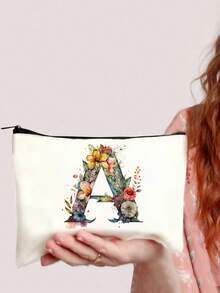 26-Letter Floral Alphabet Canvas Pouch - Lightweight Foldable Cosmetic Bag With Zipper Closure, Machine-Washable White Toiletry & Pen Case For Women, Mothers, Daughters - Perfect Graduation, Wedding, Holiday Gift