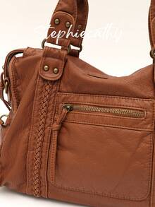 STEPHIECATHY 女士时尚休闲酷炫街头风格柔软刷洗 PU 人造皮革拉链开合拉链口袋编织装饰大容量适合 13 英寸笔记本电脑手提包可调节长肩带斜挎包日常大学通勤旅行多功能春夏 - 棕色 - 查看 4