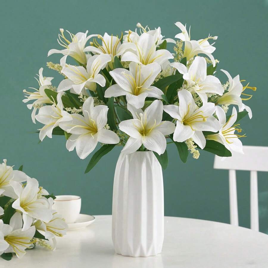 Lily Artificial Flowers Fake Silk Flowers With Stems For DIY Bouquet Table Centerpieces Wedding Home Party Decor - White - View 1