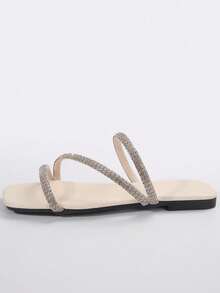 Women's Fashion Diamond Embellished Flat Slip-On Slippers, Versatile For Beach, Casual Outings, Parties, Work - Beige - View 4
