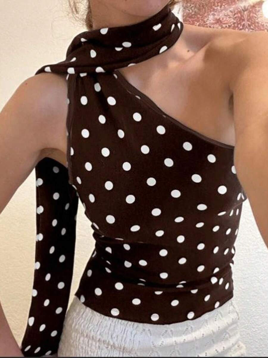 不对称波尔卡圆点背心配围巾单肩性感露背紧身短款上衣女式夏季休闲时尚上衣2025女士Y2K背心 - 棕色 - 查看 1