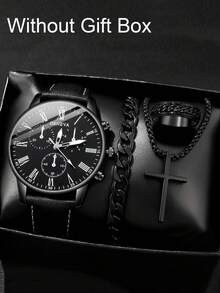 4pcs Men's Casual Quartz Watch Set With Black Dial & Stylish Accessories - Perfect Gift For Him On Father's Day, Valentine's, Easter, Birthdays & Christmas,Mom,Mother,Mother's Day,Gift