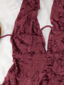 Vestido mini sexy asimétrico con cuello en V profundo, espalda descubierta y estilo apocalíptico desgarrado - Rosado Sandía - Ver 6