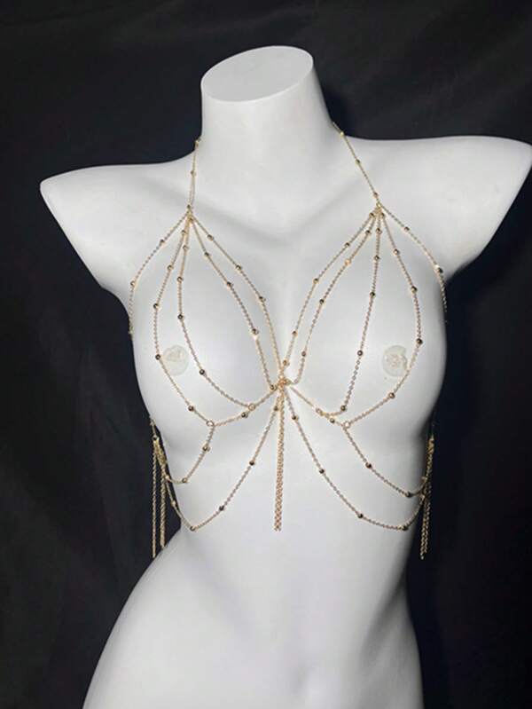 Borstketting Body Chain Europese en Amerikaanse Sexy Bikini Driedimensionale Rugketting Rugloze Montage Accessoires Boho Gouden Borst Body Chains Gelaagde Zomer Zandstrand Bikini Tailleketting Accessoires voor Vrouwen