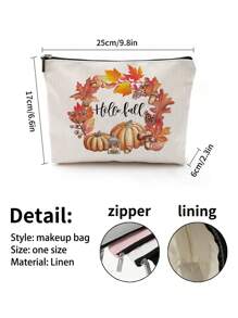 1pc Autumn Pumpkin Maple Leaf Tree Alphabet Linen Print Cosmetic Bag, Cute Travel Makeup Case And Multi-Function Coin Purse, Lightweight Gift Essential For Women