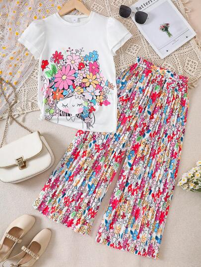 Summer Suit For Tween Girl. It Is A Two Pieces Set Consisting Of A Short-Sleeved T-Shirt And Long Trousers. The Long Trousers Are Pleated. In A Casual Style, It Features Cartoon Girl Prints And Flower Prints. Suitable For Girls Aged 8 To 12. It Is A Daily-Wear Style. Two Pieces Summer Suit For Tween Girls.