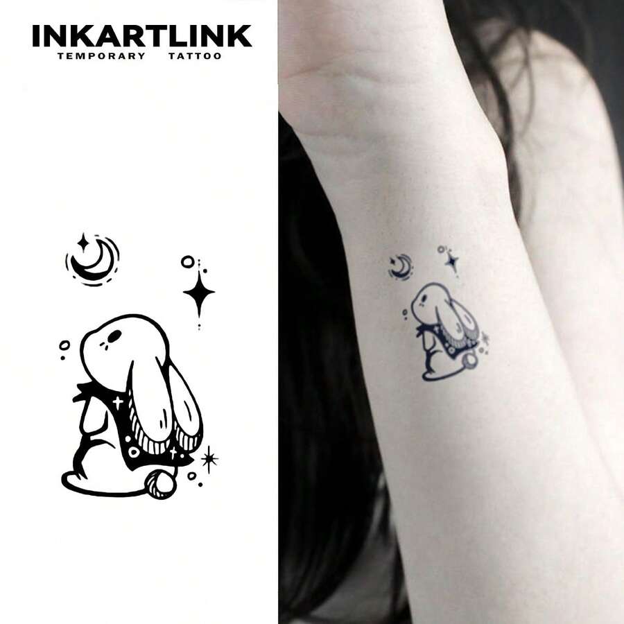 3pcs Dark Rabbit Temporary Tattoos By INKARTLINK | Cross Scarf + Star Moon Totem | Herbal Plant-Based Waterproof 1-2 Weeks | Applicable For Arm/Collarbone