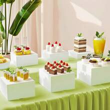 White Acrylic Buffet Display Risers With Mini Signs - Set Of 6 Nesting Cake Stands In 6", 7", 8", 9", 10", 12" Sizes - Versatile Food Elevators For Dessert Table, Catering Events, And Party Serving With Hollow Base Design - White - View 1