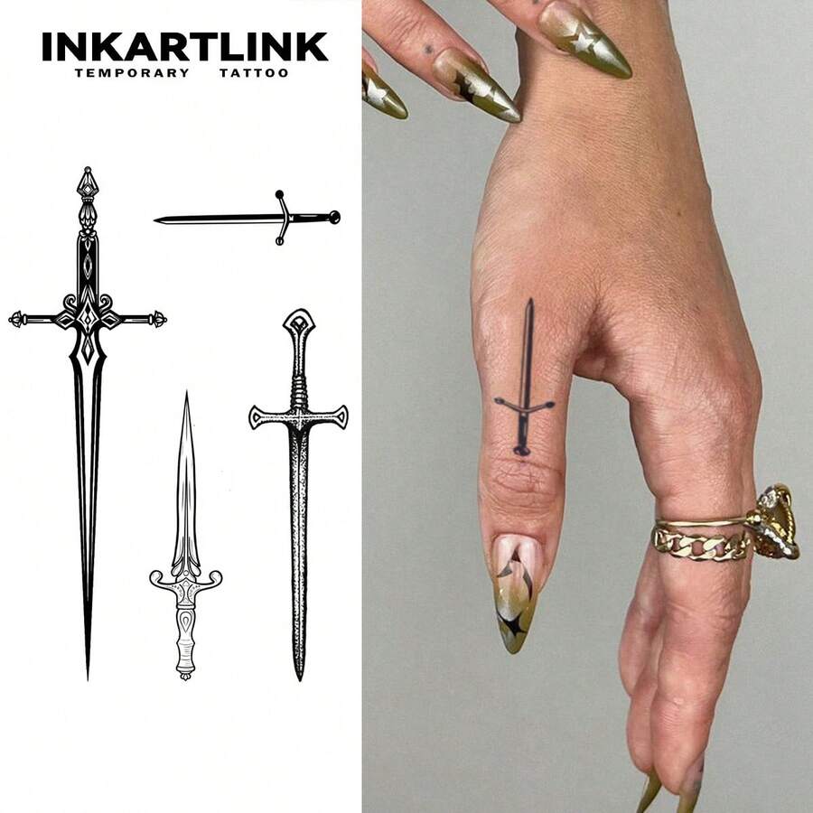 INKARTLINK وشم سيف داكن | رمز السلاح البارد | مقاوم للماء وطويل الأمد 1-2 أسبوع | ديكور أظافر معدني | طراز لعبة Assassin's Creed