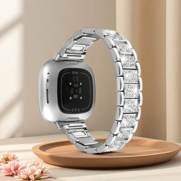 Bling Crystal Fitbit Band For Women - Rhinestone Metal Strap Compatible With Versa 3/4 & Sense 1/2 - No-Tool Adjustable Elastic Bracelet - Wedding, Cocktail, Evening Party Jewelry Watchband