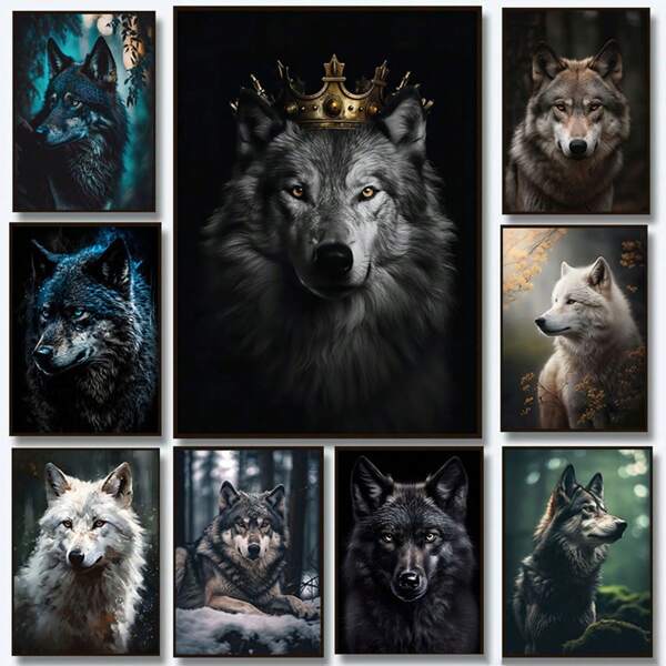 1pc /3PCSWall Arts Posters Optional Frame Animals Forest Black Wolf Portrait Poster Wild Animals Canvas Painting HD Printed Wall Art Pictures Modern Living Room Home Decor