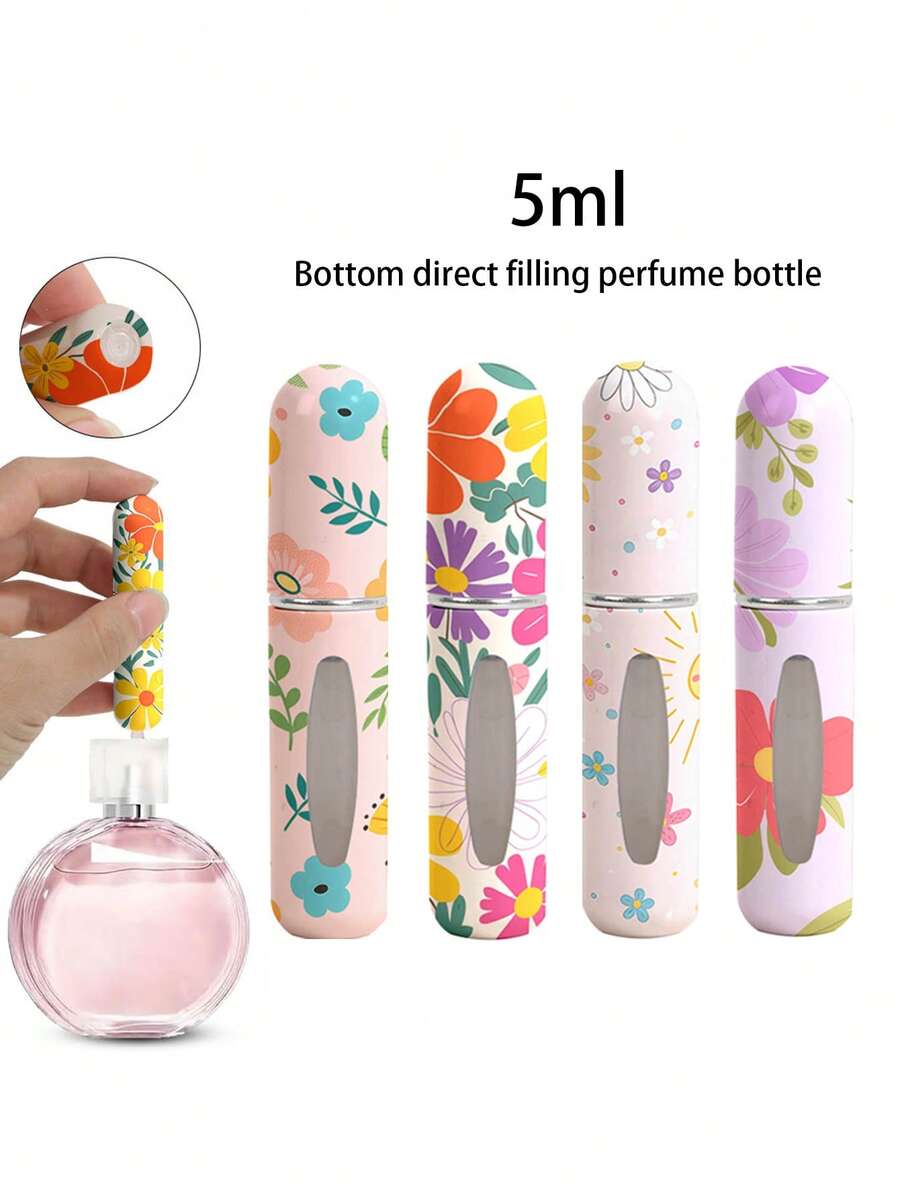 1/4 件彩色花卉印花图案香水喷雾瓶，可重复使用的底部填充香水瓶，迷你化妆品瓶，香水，纯露包装工具，多种颜色可供选择，送给家人和朋友的生日礼物，节日礼物，便携式旅行 5ml