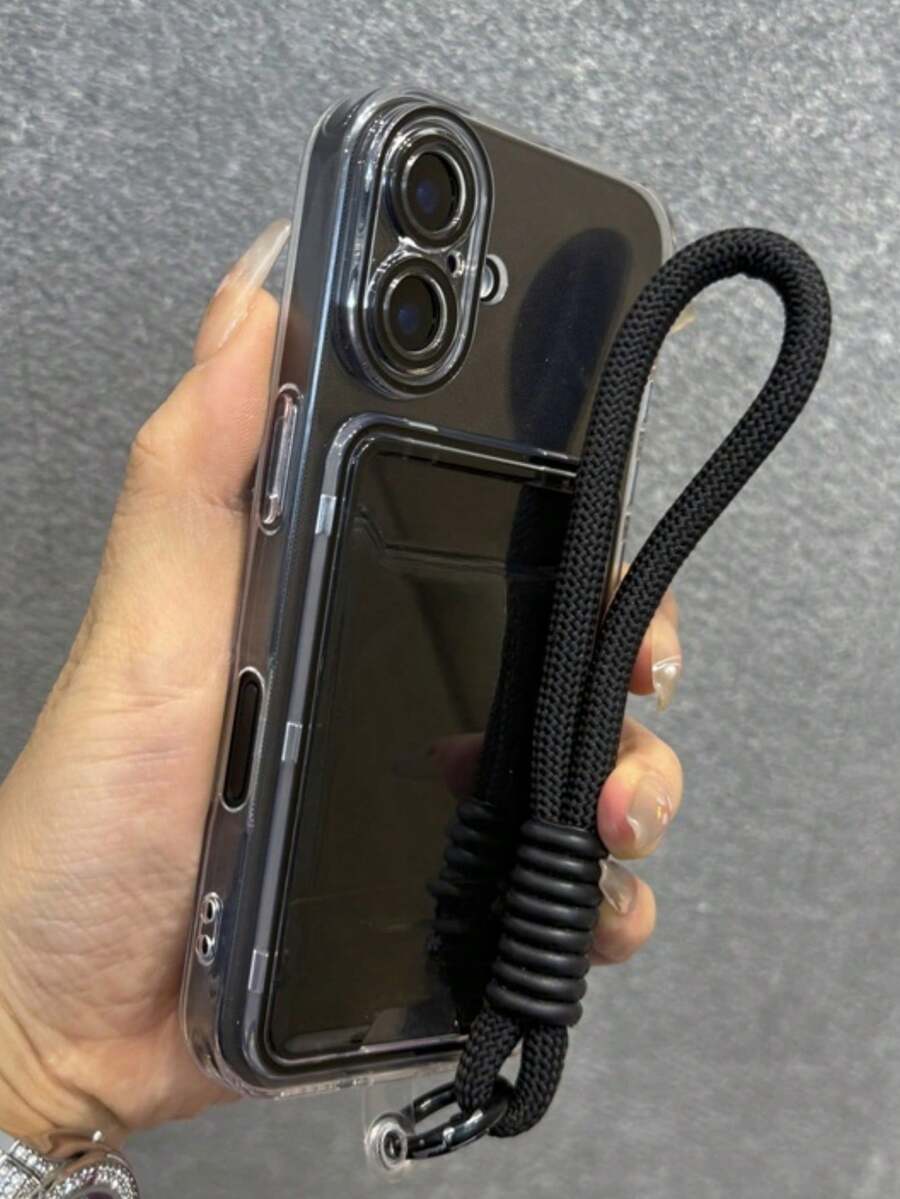1件可愛糖果色透明果凍卡槽手機殼,附短掛繩,適用 18 Pro Max 17 Pro Max Air 16 15 14 13 12 11 Pro Max,TPU 背蓋 - 黑色 - 查看 1