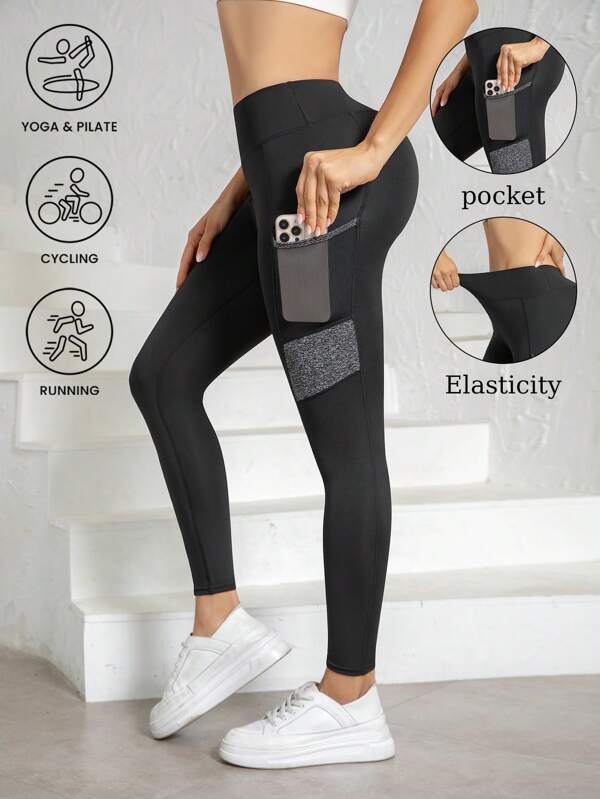 Yogahose mit Taschen, farblich abgesetzte High Waist Leggings, lässige schwarze und graue eng anliegende Damenhosen