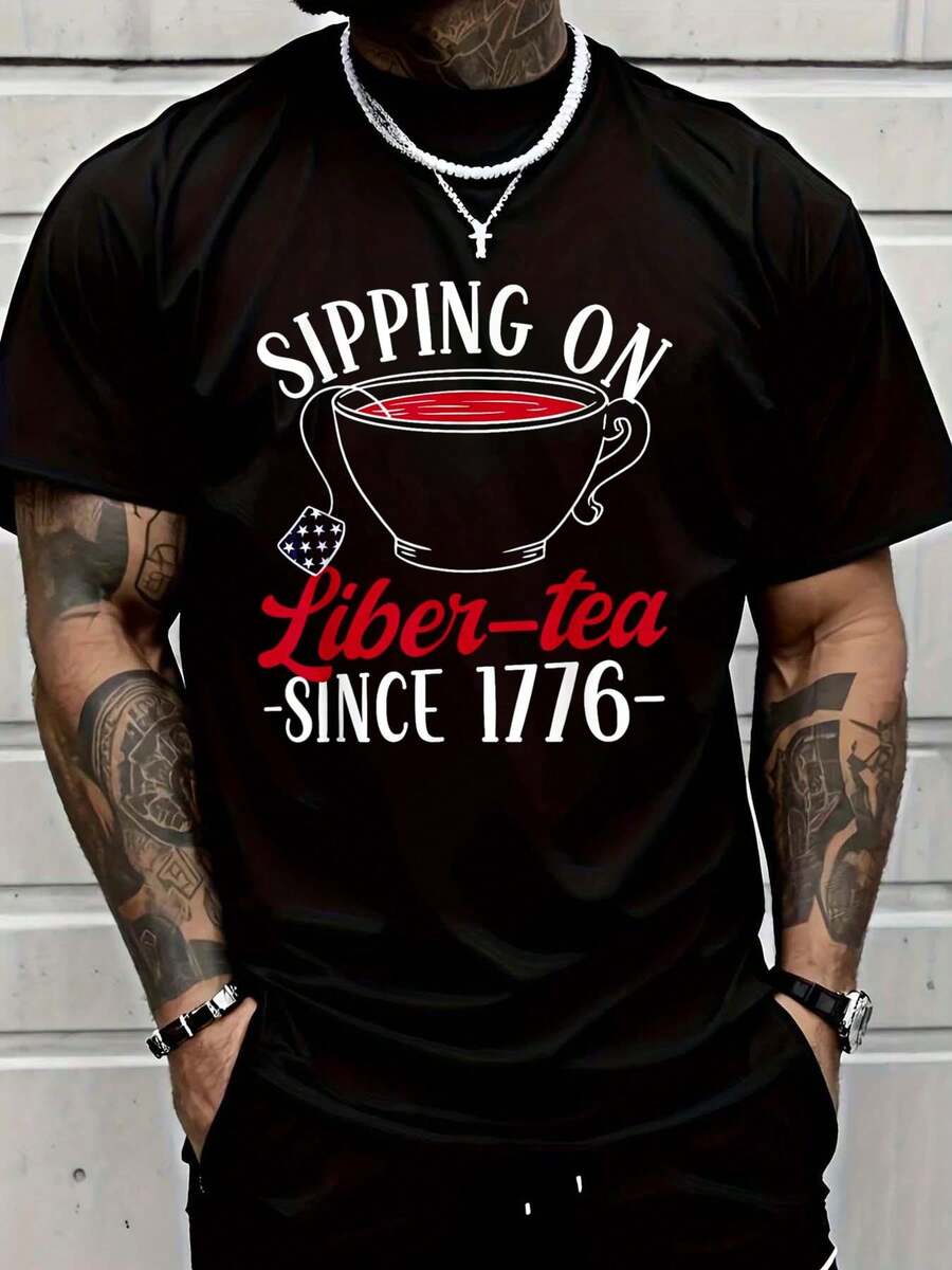 Sipping On Liber-Tea Since 1776 4th Of July American Patriot T-Shirt - Black - View 1