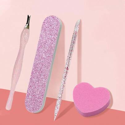 4pcs Nail Art Tools Set, Crystal Dotting Pen, Heart-Shaped Sponge Block, Nail File & Buffer Stick, Manicure Tools