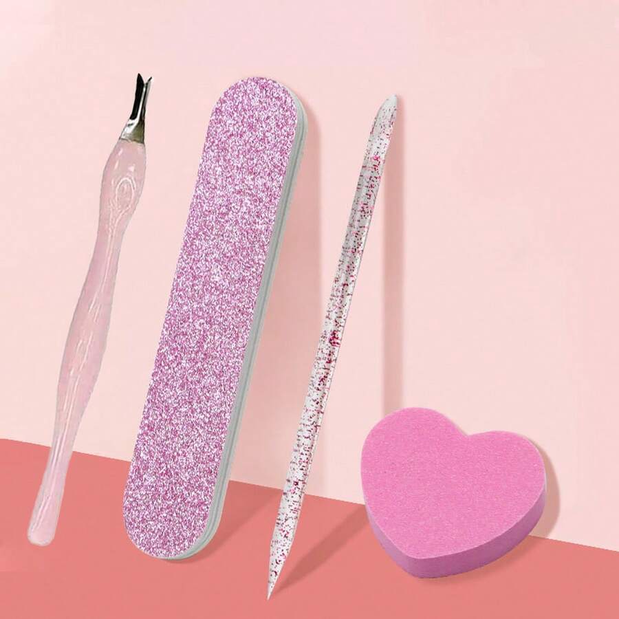 4pcs Nail Art Tools Set, Crystal Dotting Pen, Heart-Shaped Sponge Block, Nail File & Buffer Stick, Manicure Tools - Gradient Pink - View 1