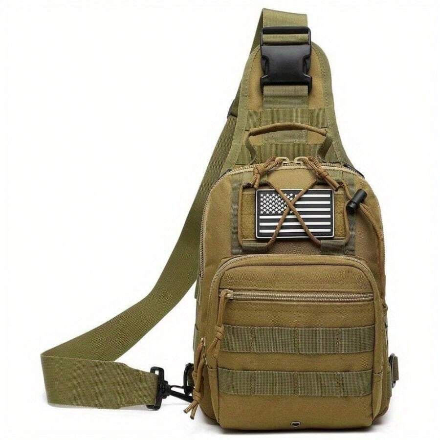 Outdoor Tactical Backpack, Multi-Functional Sports Chest Bag, MOLLE Shoulder Crossbody Shoulder Bag, Adjustable Strap, Suitable For Hiking, Traveling, Fitness, Daily Commuting - Khaki [with American Flag Patch] - View 1