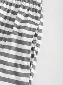 Women's Striped Long Sleeve V-Neck Top & Shorts Casual Homewear Lounge Set Cozy Outfit, Fall Winter Clothes - Grey - View 5