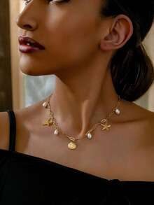 1 件时尚精致新款贝壳和海星金属项链，适合送给朋友的海滩风格礼物 - 金黃色 - 查看 13