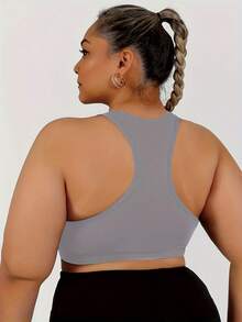 Plus Size Front Zipper Sports Bra, High-Impact Contrast Color Yoga Bra - Grey - View 3