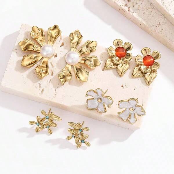 Fashion Floral Texture Geometric Pearl Stud Earrings, Exaggerated Unique Design Earrings For Women