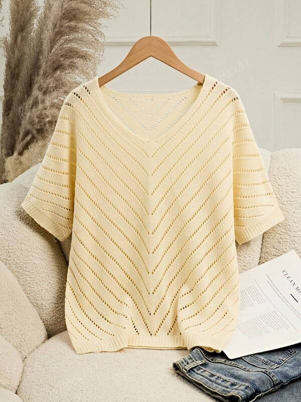 Women's Solid Color V-Neck Hollow-Out Short Sleeve Casual Knit Top, Summer