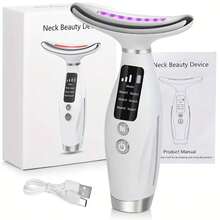 Neck And Facial Massager, Seven Color Portable Facial Massager, LED Display, USB Rechargeable, With Vibration Function, Suitable For Facial, Neck And Shoulder Care - Fragrance Free Female Skincare Tool - Perfect Mother's Day Gift Neck Protector 400mAh - White - View 2