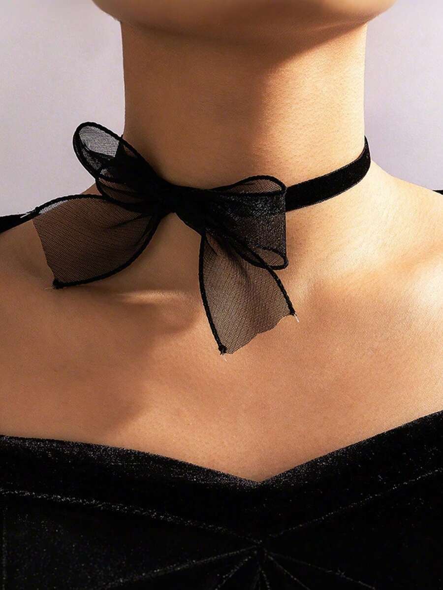 1pc Girl's Black Bow Mesh Flower Choker Necklace