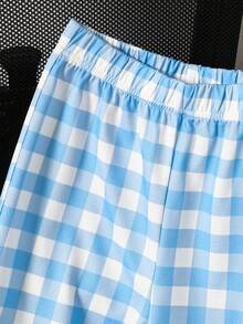 1pc Tween Girls Fashionable Simple Plaid Pattern Loose Wide-Leg Pants, Spring/Summer - Blue and White - View 4