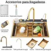 Tarjas Para Cocina Acero Inoxidable Oro cepillado, 75 * * 21cm Fregadero de Cocina coníble Grifo y Accesorios, Fregaderos De Cocina con Dispensador para Baño, Cocina, Bar - 75*46 Oro Cepillado - Ver 8