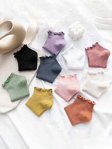 4 Pairs Assorted Plain Sweet Ruffle Trim Ladies Socks, Cute Fashion Simple Personalized Women Ankle Socks Christmas Gift - Multicolor - View 3