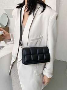 简约时尚方形斜挎包、时尚都市翻盖单肩斜挎包、百搭格子方形钱包 - 黑色 - 查看 9