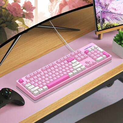 104 Key Wired Fashionable Three Color Splicing Mute Mechanical Keyboard, Convenient Multimedia Keys, Ergonomic High And Low Key Layout, Golden Angle Support Bracket, Suitable For Windows, Laptop PC Office Use, Star Gray, Pink Dai