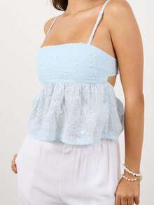 Y2k Embroidery Floral Square Neck Tank Tops Ruffle Flowy Summer Solid Camisole Backless Sleeveless Cami Shirt - 淺藍色 - 查看 3
