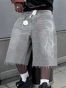 Men's Summer Casual Denim Shorts Knee Length  Letter Embroidered Rhinestone Jeans Shorts - 灰色 - 查看 1