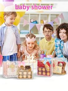 10pcs DIY Bow Transparent Gift Bags With Handles, Blue & Pink Bow Clear Plastic Party Favor Bags, Reusable For Baby Shower, Gender Reveal, Birthday, Mother's Day, Wedding And More - Transparent - View 3