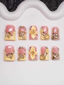 10件套手工鸭嘴美甲装饰贴片，裸色和黄色法式美甲贴片，金色花朵、珍珠、水钻、爱心设计，Y2K 酷炫风格，适合派对、婚礼、日常佩戴，包含工具包，是送给女性和女孩的绝佳礼物。 - 彩色 - 查看 2