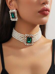 1 Pc Women's Luxury Fashion Geometric Square Fuchsia, Green, White, Black Crystal Faux Pearl Necklace & 1 Pair Matching Geometric Square Fuchsia, Green, White, Black Crystal Faux Pearl Earrings, Two Pieces Set, Suitable For Evening Gown And Daily Wear - Multi-layer Pearl Large Rectangular Crystal Two-piece Set - View 6