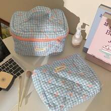 1pc SML Korean Style Plaid Bow Makeup Bag, Large Capacity Portable Travel Toiletry Organizer
