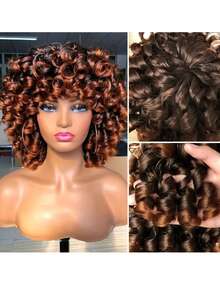 Synthetic Heat Resistant Wig Bouncy Full Curly Wig With Bangs 14 Inch 1BT30 Chemical Fiber Wig With Bangs Daily Used Easy To Wear Beginner Friendly Big Bouncy Fluff Curly Wig - 1BT30 - 查看 3