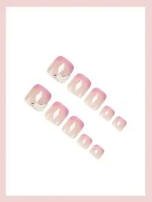 24pcs Short Square Press-On Nails, French Manicure Pink With Summer Flower & Rhinestone Decor, Glossy Full Coverage, Suitable For Women & Girls Daily Wear In Summer Nail Supplies - Pink - View 3